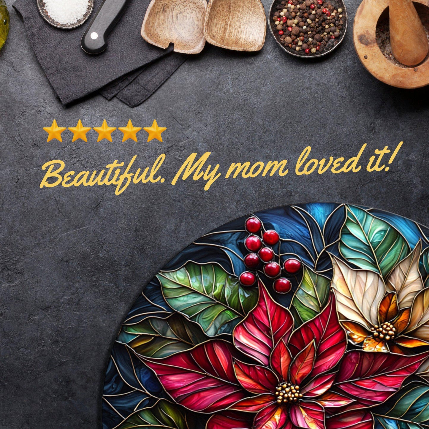 Poinsettias Glass Cutting Board 8-inch Round Trivet Charcuterie Board Gift for Her Mom Kitchen Decor