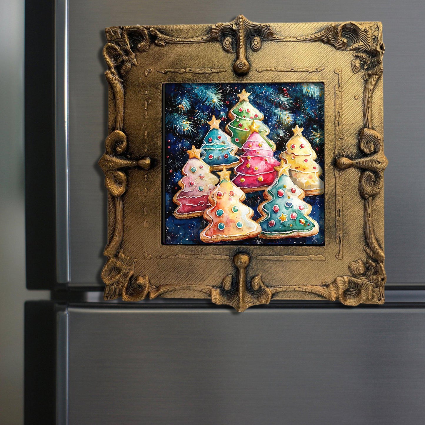 Pop Art Christmas Cookies Tiny Art Fridge Magnet Gold Framed Fridgescaping Art Picture Gallery Tiny Art Gift for Her Wife Mom