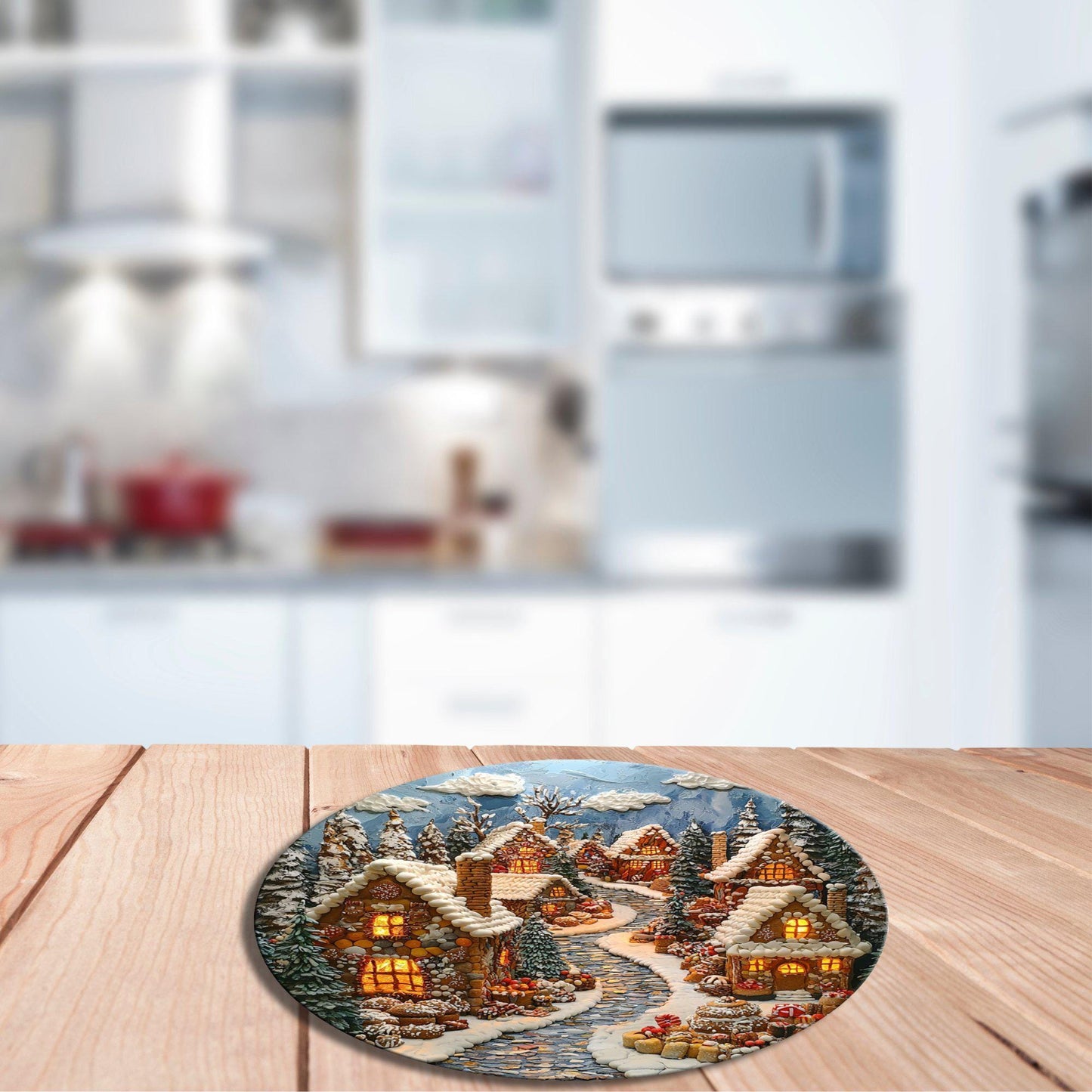 Gingerbread Village Glass Cutting Board 8-inch Round Trivet Charcuterie Board Gift for Her Mom Kitchen Decor