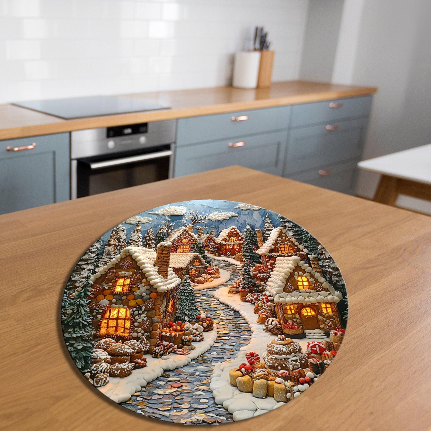 Gingerbread Village Glass Cutting Board 8-inch Round Trivet Charcuterie Board Gift for Her Mom Kitchen Decor