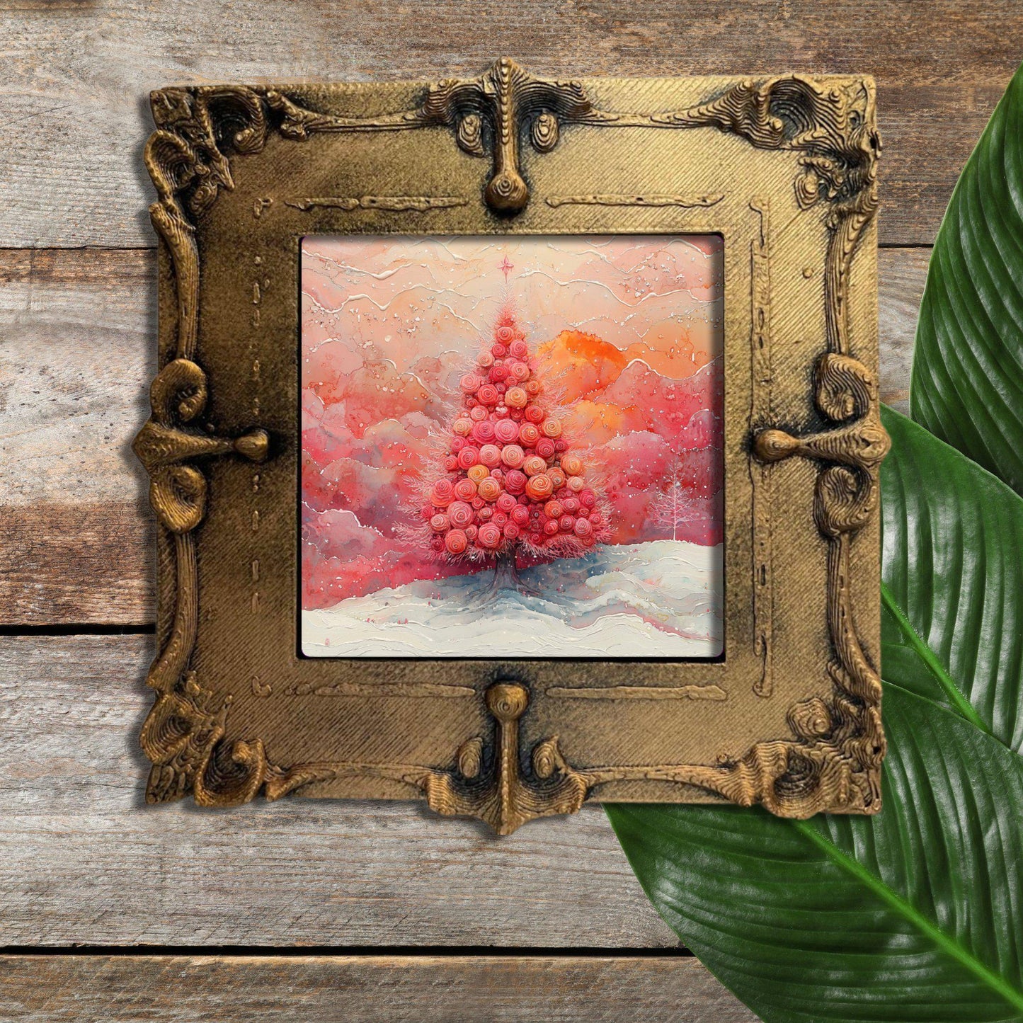 Pink Floral Christmas Tree Gold Framed Refrigerator Magnet, Mini Art, Grand Millennial Style, Artful Kitchen Decor, Gift for Her