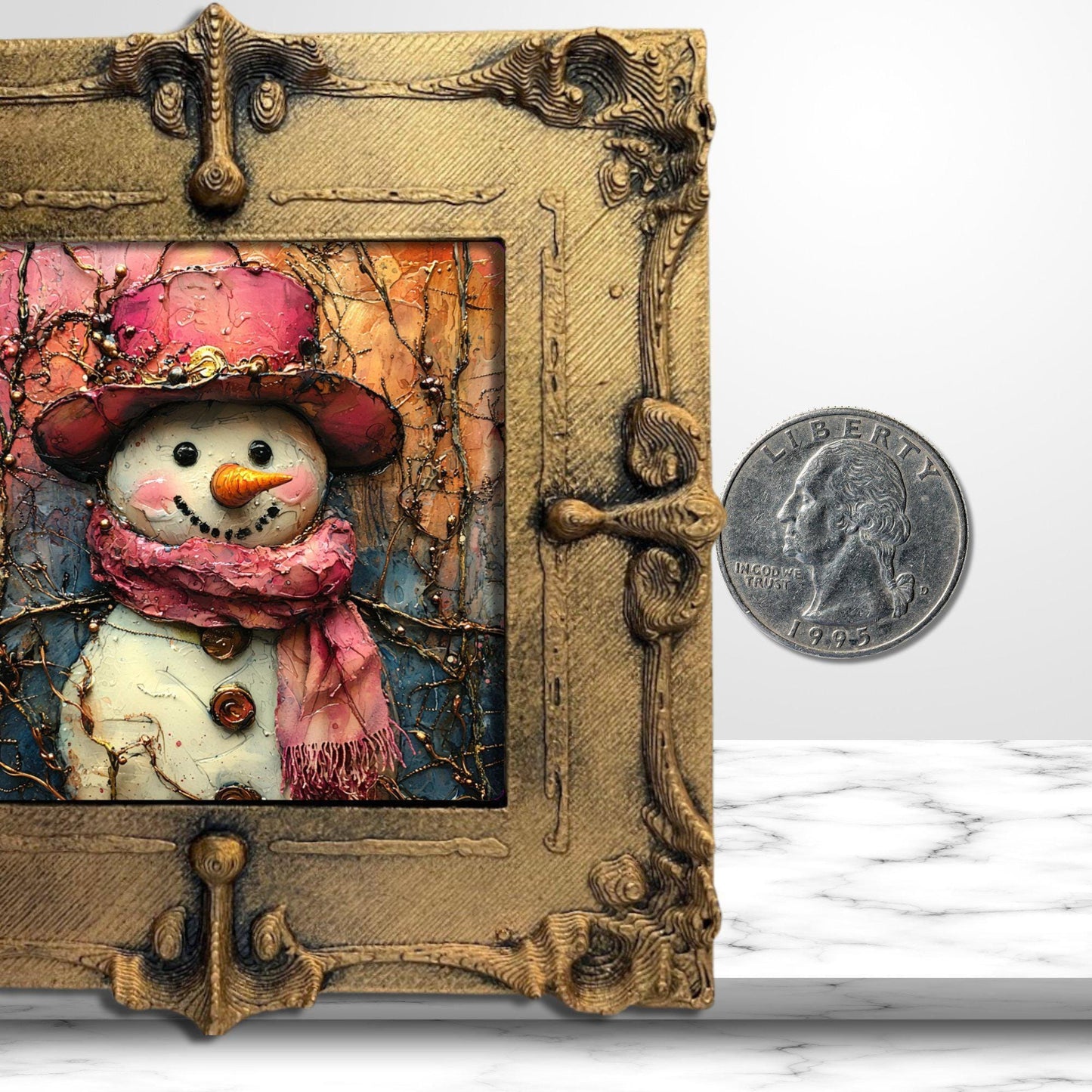 Pink Snowman Gold Framed Refrigerator Magnet, Mini Art, Grand Millennial Style, Artful Kitchen Decor, Gift for Her fridgescaping