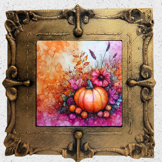 Vintage Fall in Pink and Orange Gold Framed Refrigerator Magnet Mini Art Grand Millennial Style Artful Kitchen Decor Gift for Her