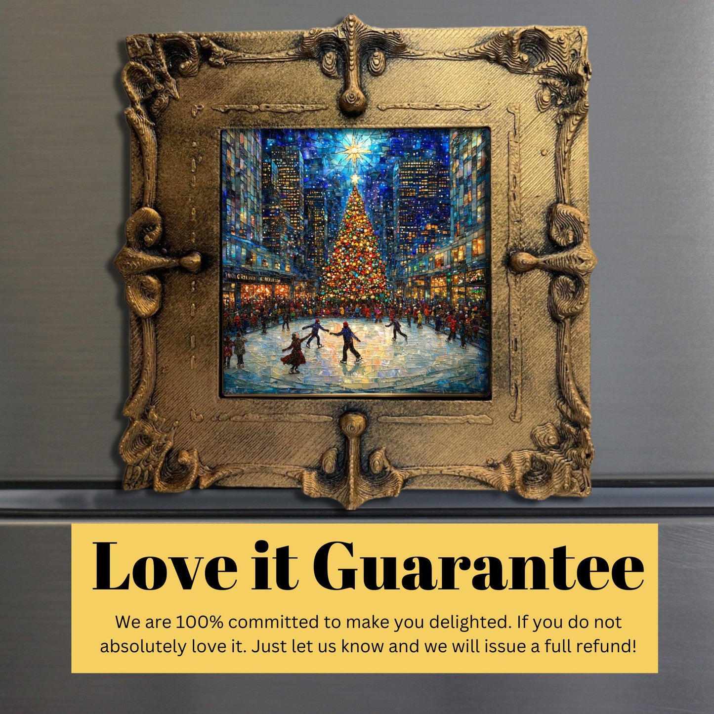 Ice Skating Rockefeller Center Tiny Art Fridge Magnet Gold Framed Fridgescaping Art Picture Gallery Tiny Gift for Her Wife Mom