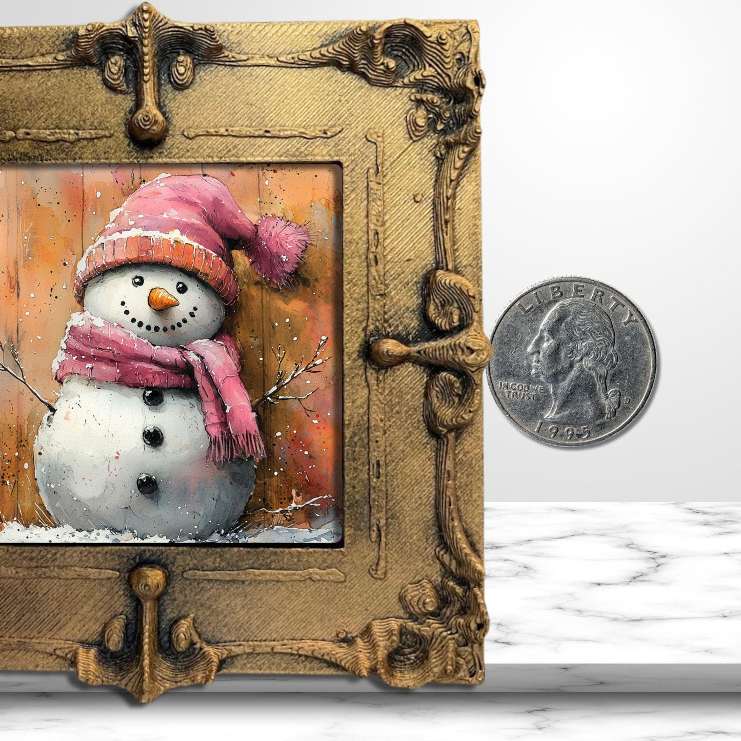 Pink Snow Man Gold Framed Refrigerator Magnet, Mini Art, Grand Millennial Style, Artful Kitchen Decor, Gift for Her fridgescaping