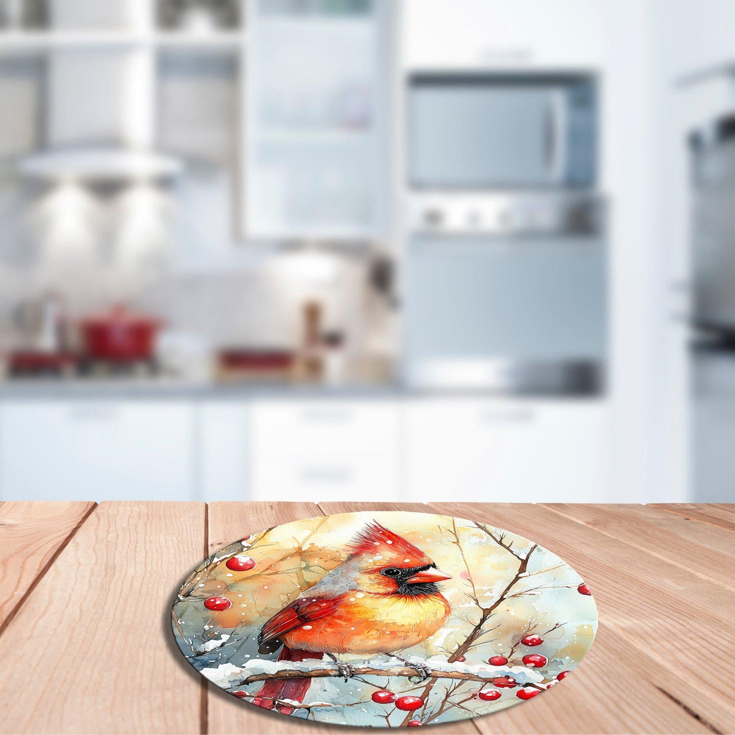 Cardinal on Winter Branch Glass Cutting Board 8-inch Round Trivet Charcuterie Board Gift for Her Mom Kitchen Decor