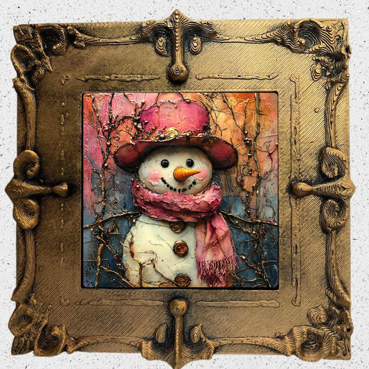 Pink Snowman Gold Framed Refrigerator Magnet, Mini Art, Grand Millennial Style, Artful Kitchen Decor, Gift for Her fridgescaping