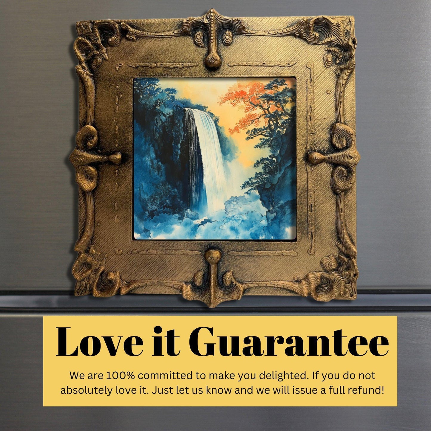 Hokisai Ukiyo Waterfall Gold Framed Refrigerator Magnet, Mini Art, Grand Millennial Style, Artful Kitchen Decor, Gift for Her fridgescaping