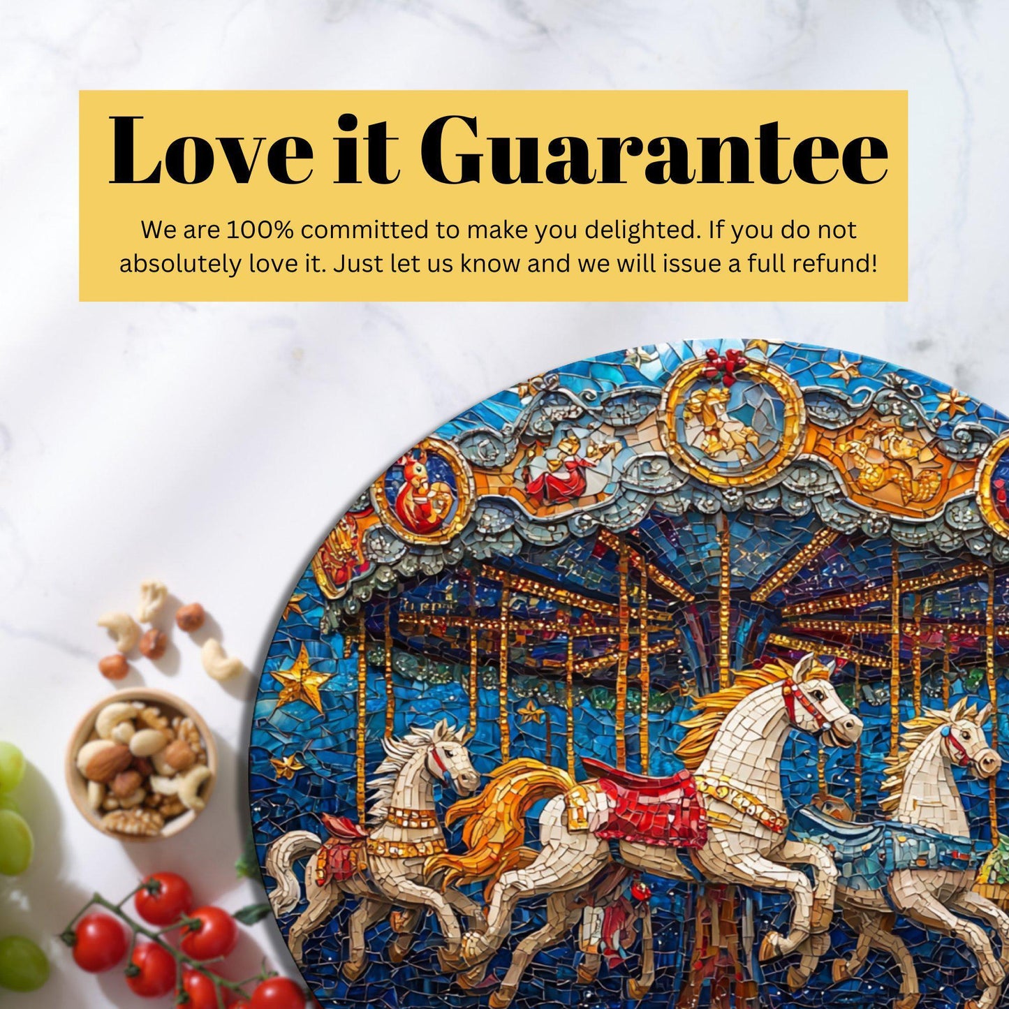 Horse Carousel Glass Cutting Board 8-inch Round Trivet Charcuterie Board Gift for Her Mom Kitchen Decor