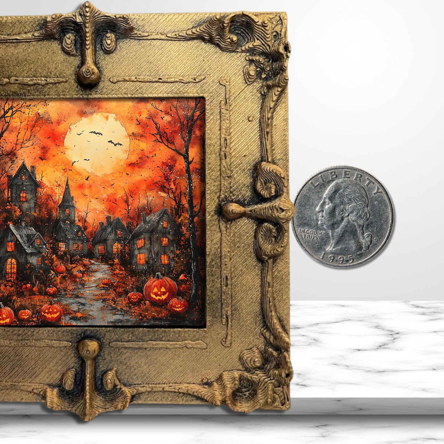 Halloween Village Gold Framed Refrigerator Magnet, Mini Art, Grand Millennial Style, Artful Kitchen Decor, Gift for Her fridgescaping