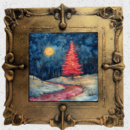 Vintage Pink Christmas Tree Gold Framed Refrigerator Magnet, Mini Art, Grand Millennial Style, Artful Kitchen Decor, Gift for Her