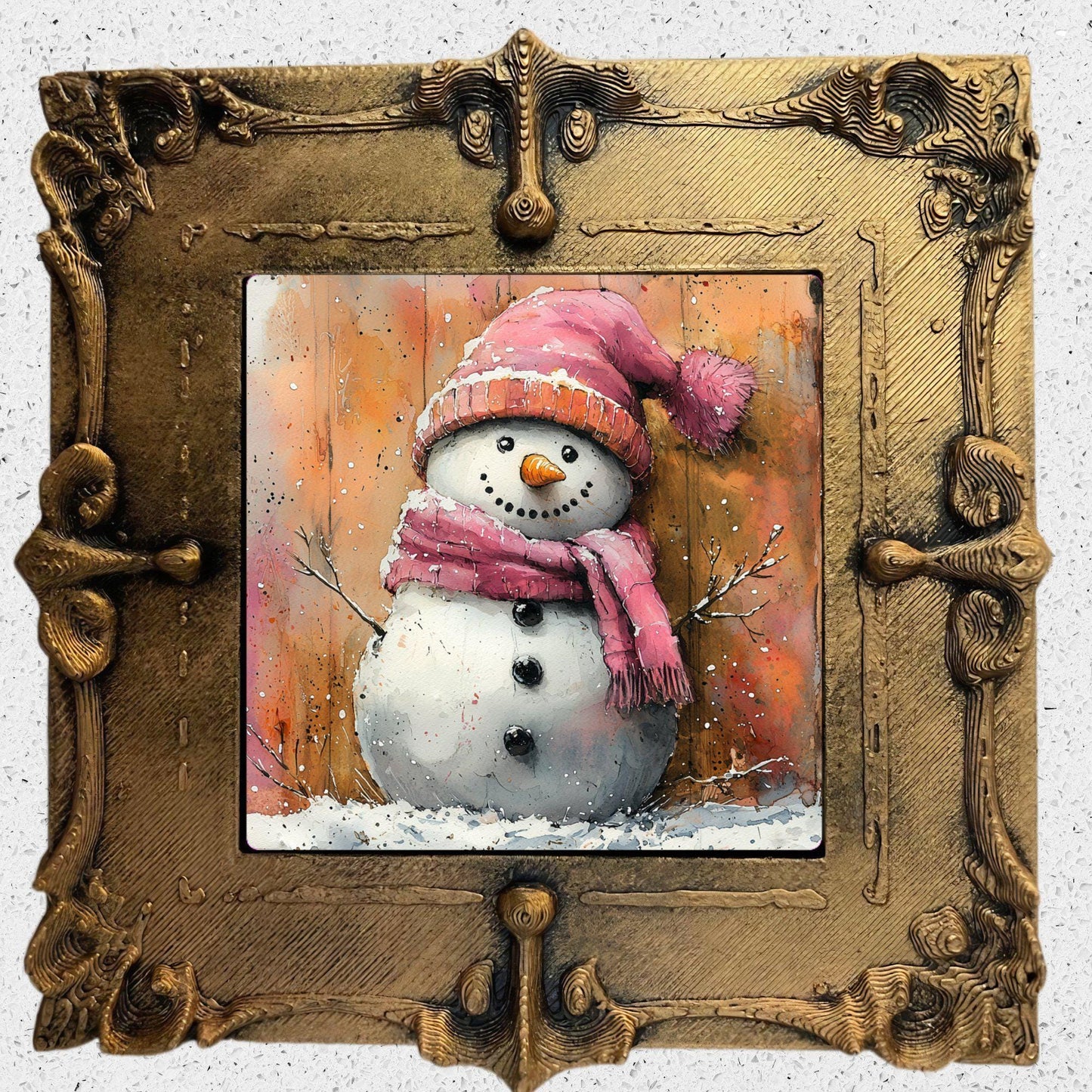 Pink Snow Man Gold Framed Refrigerator Magnet, Mini Art, Grand Millennial Style, Artful Kitchen Decor, Gift for Her fridgescaping