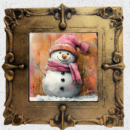 Pink Snow Man Gold Framed Refrigerator Magnet, Mini Art, Grand Millennial Style, Artful Kitchen Decor, Gift for Her fridgescaping