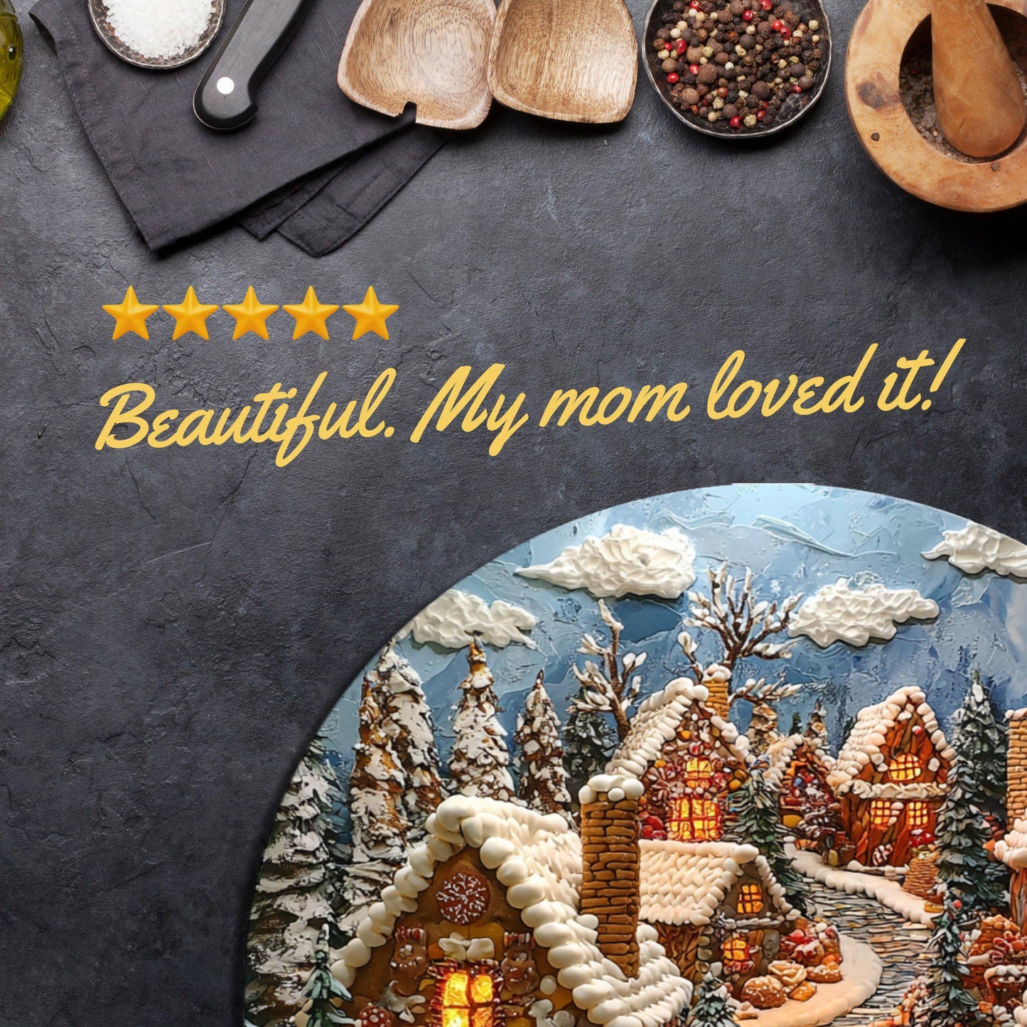 Gingerbread Village Glass Cutting Board 8-inch Round Trivet Charcuterie Board Gift for Her Mom Kitchen Decor