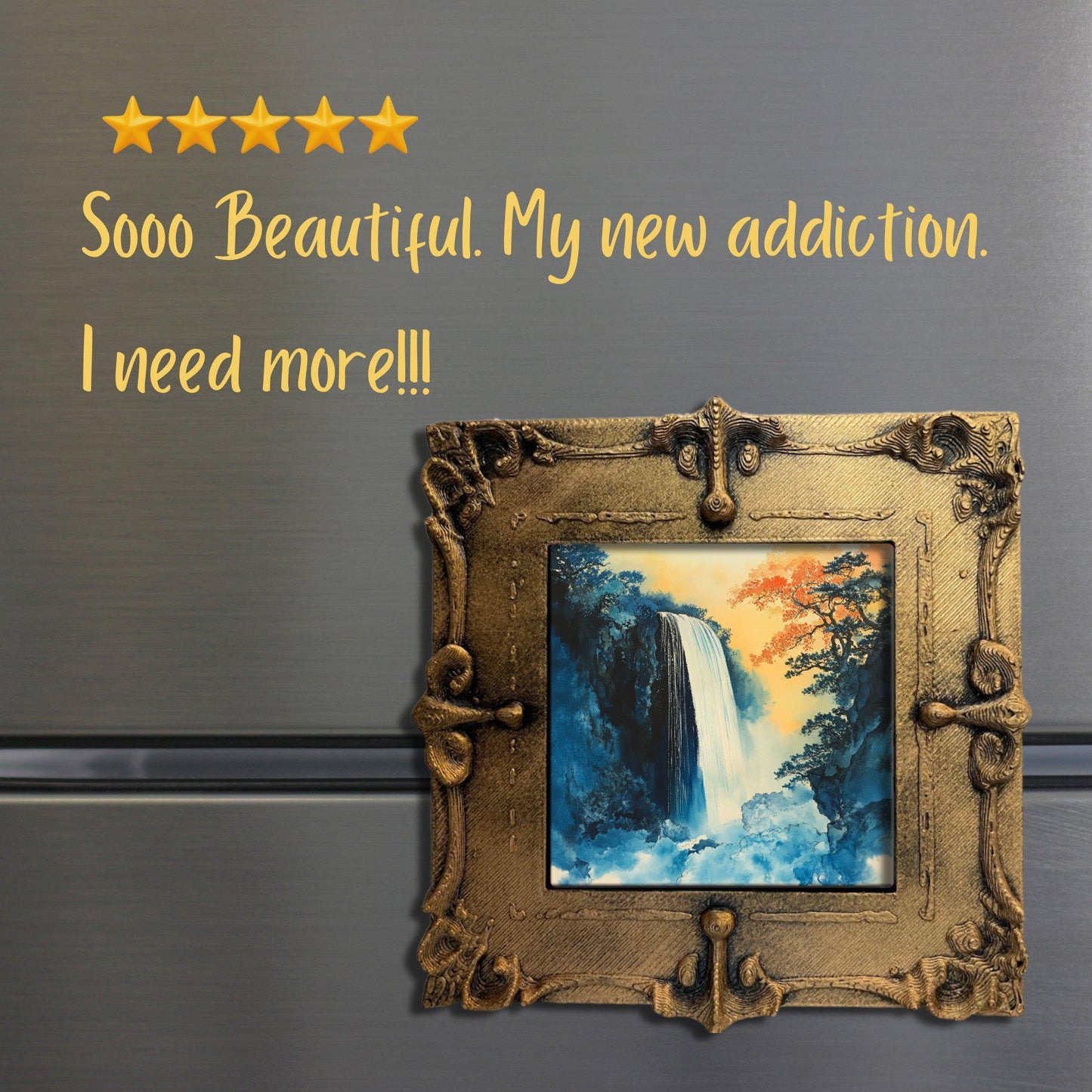 Hokisai Ukiyo Waterfall Gold Framed Refrigerator Magnet, Mini Art, Grand Millennial Style, Artful Kitchen Decor, Gift for Her fridgescaping