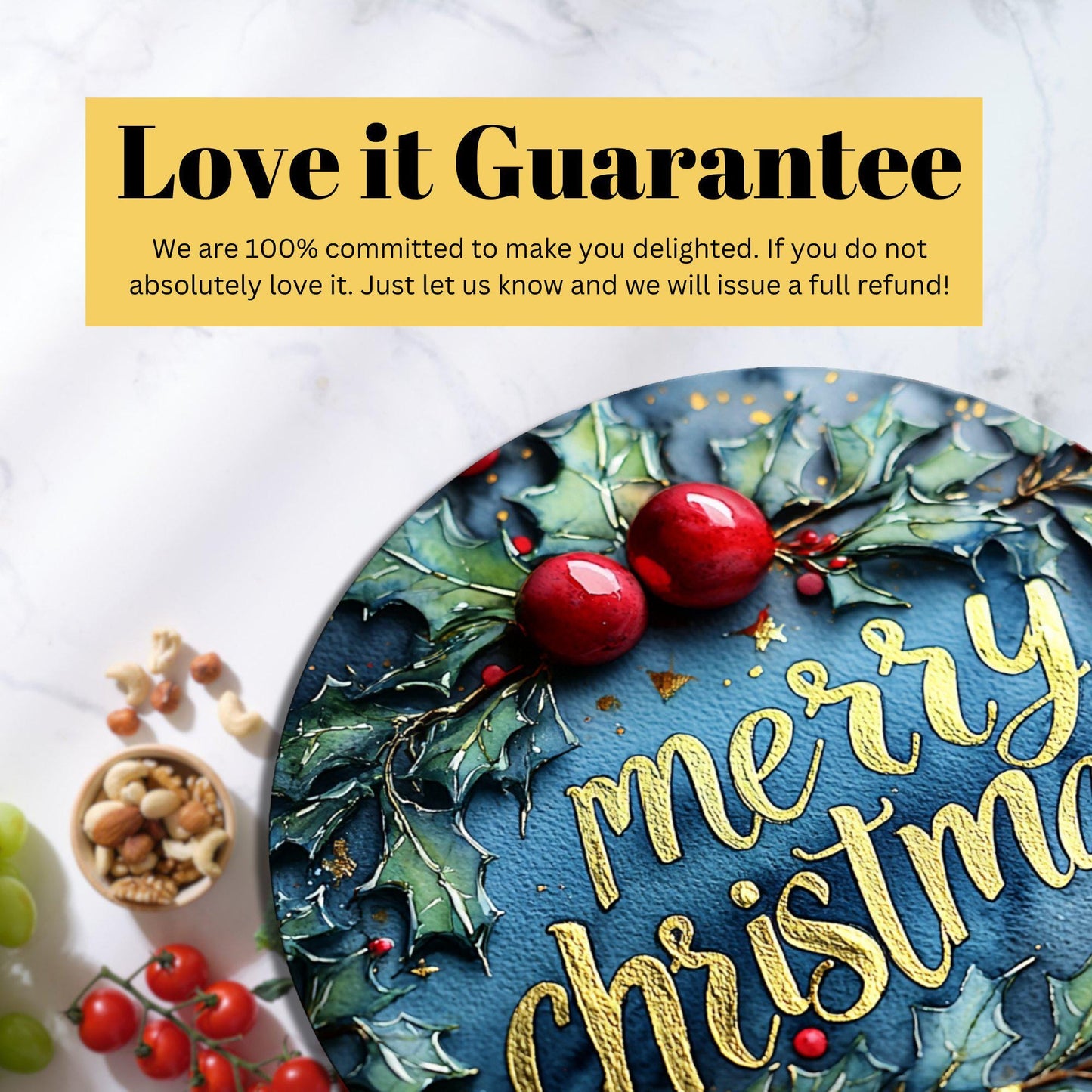 Merry Christmas Holly Glass Cutting Board 8-inch Round Trivet Charcuterie Board Gift for Her Mom Kitchen Decor