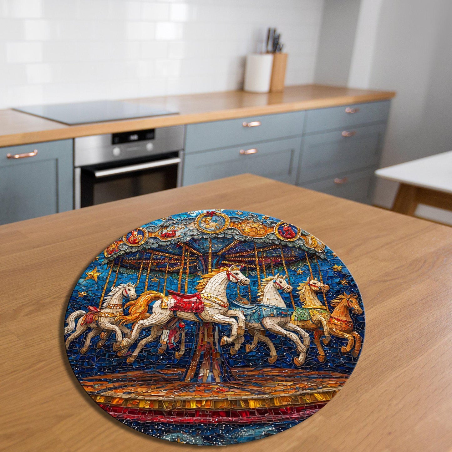 Horse Carousel Glass Cutting Board 8-inch Round Trivet Charcuterie Board Gift for Her Mom Kitchen Decor