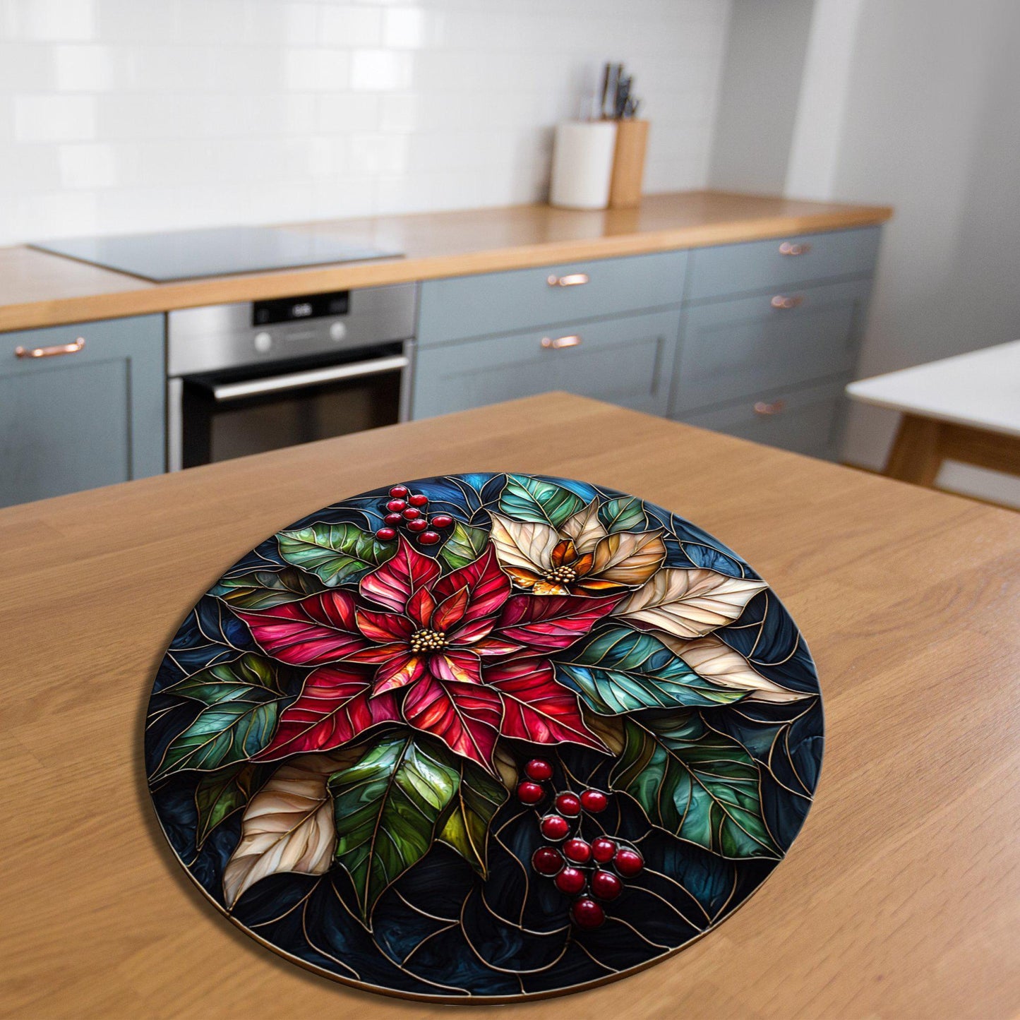 Poinsettias Glass Cutting Board 8-inch Round Trivet Charcuterie Board Gift for Her Mom Kitchen Decor
