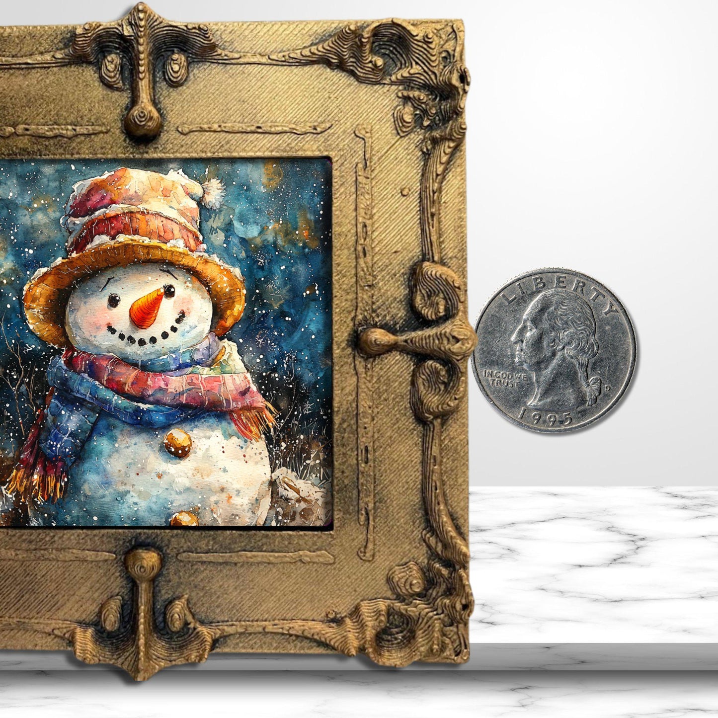 Vintage Snowman Tiny Art Fridge Magnet Gold Framed Fridgescaping Art Picture Gallery Tiny Art Gift for Her Wife Mom