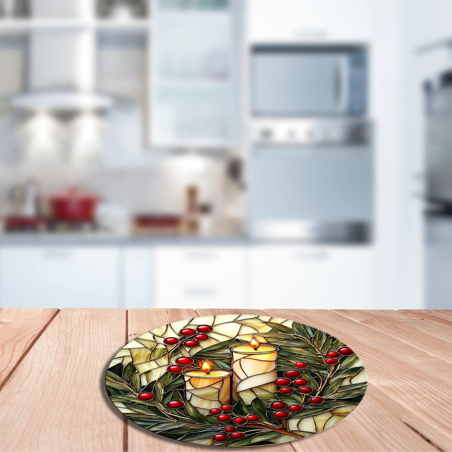 White Christmas Candles Glass Cutting Board 8-inch Round Trivet Charcuterie Board Gift for Her Mom Kitchen Decor