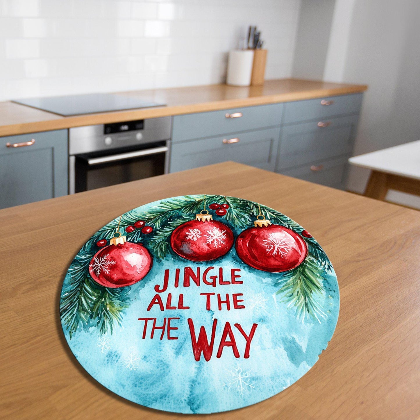 Jingle All the Way Glass Cutting Board 8-inch Round Trivet Charcuterie Board Gift for Her Mom Kitchen Decor