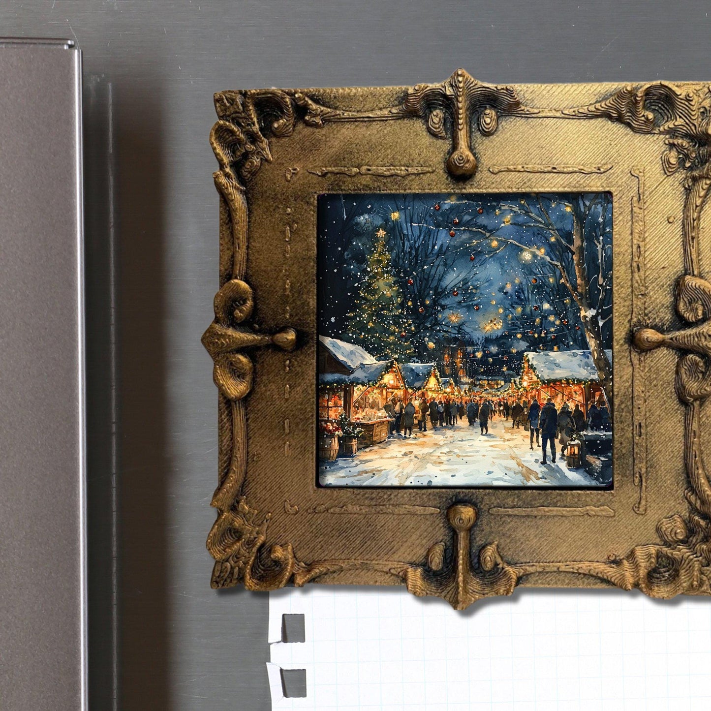 Christmas Market at Night Tiny Art Fridge Magnet Gold Framed Fridgescaping Art Picture Gallery Tiny Art Gift for Her Wife Mom