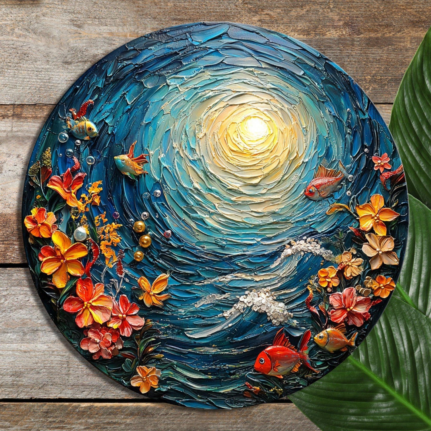 Glass Cutting Board Sunny Under the Sea Day 8-inch Round Trivet Charcuterie Board Gift for Her Mom Kitchen Decor