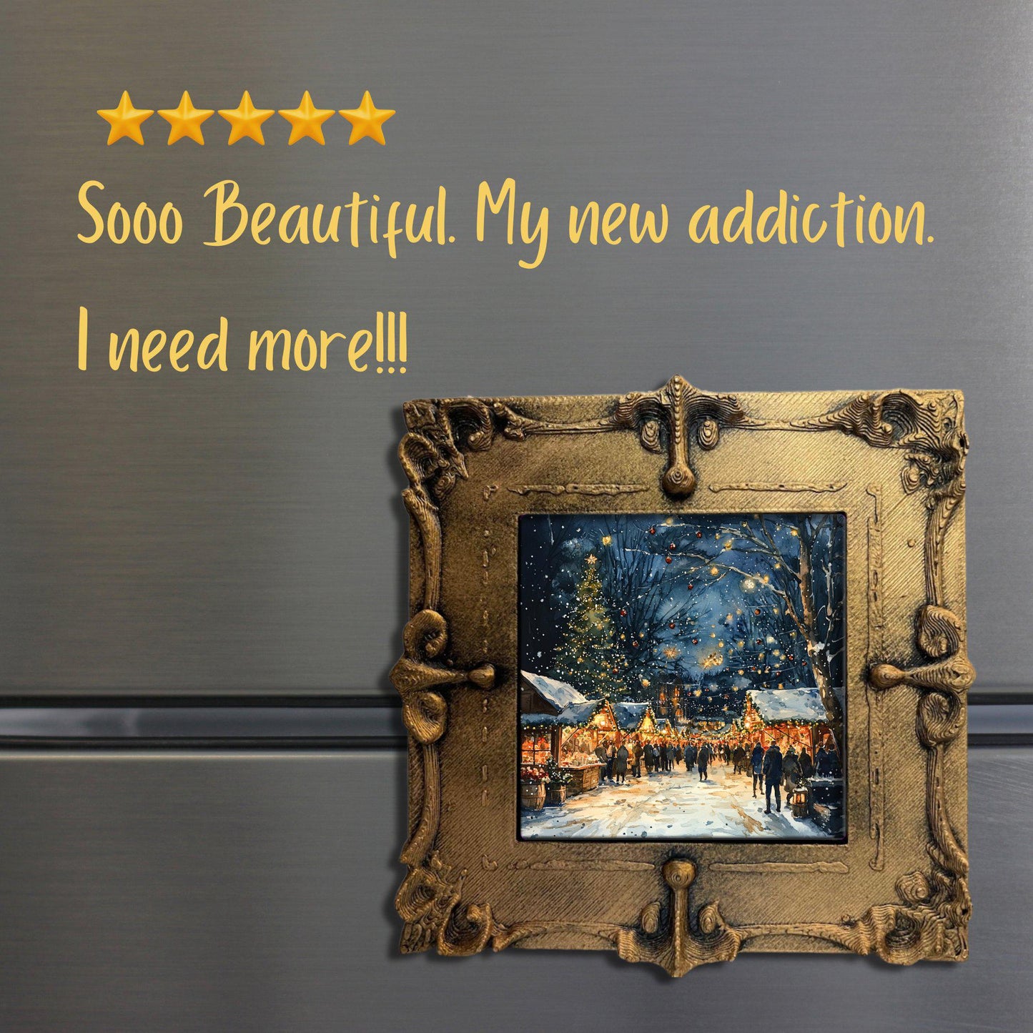 Christmas Market at Night Tiny Art Fridge Magnet Gold Framed Fridgescaping Art Picture Gallery Tiny Art Gift for Her Wife Mom