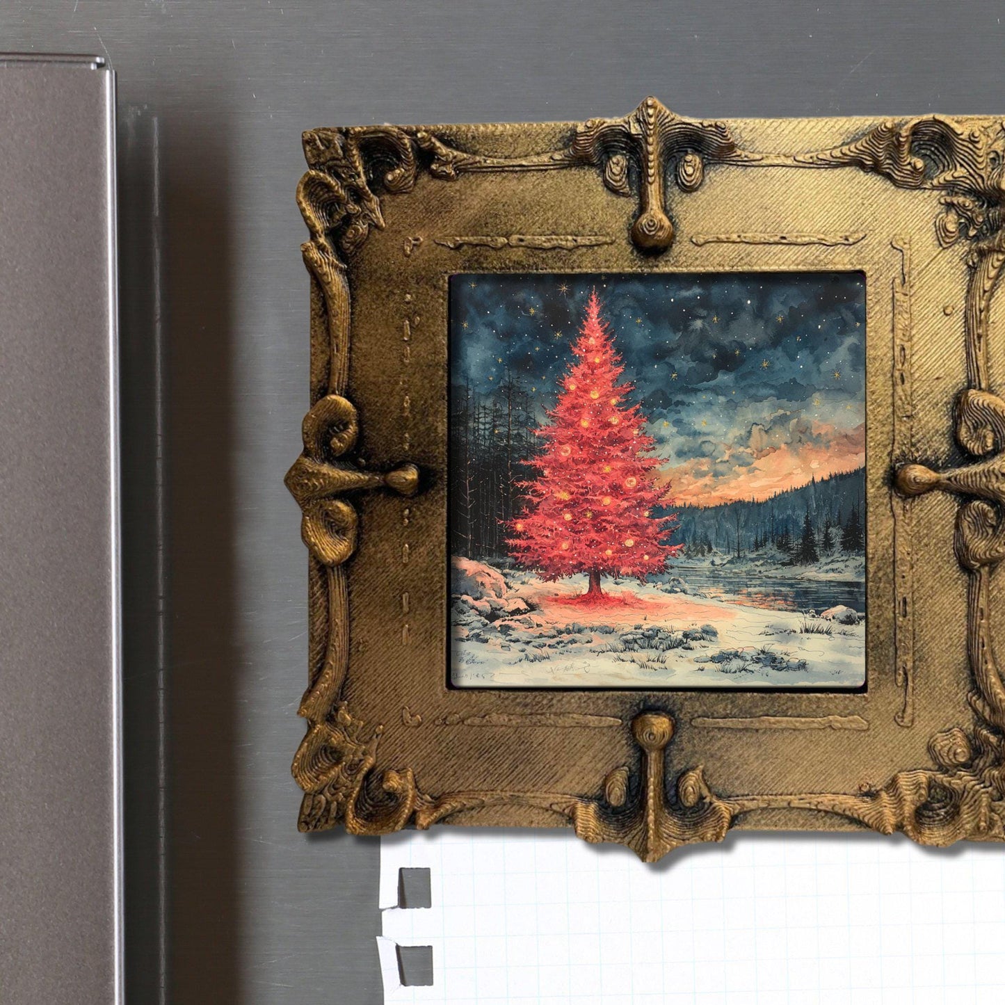 Pink Christmas Tree Gold Framed Refrigerator Magnet, Mini Art, Grand Millennial Style, Artful Kitchen Decor, Gift for Her fridgescaping