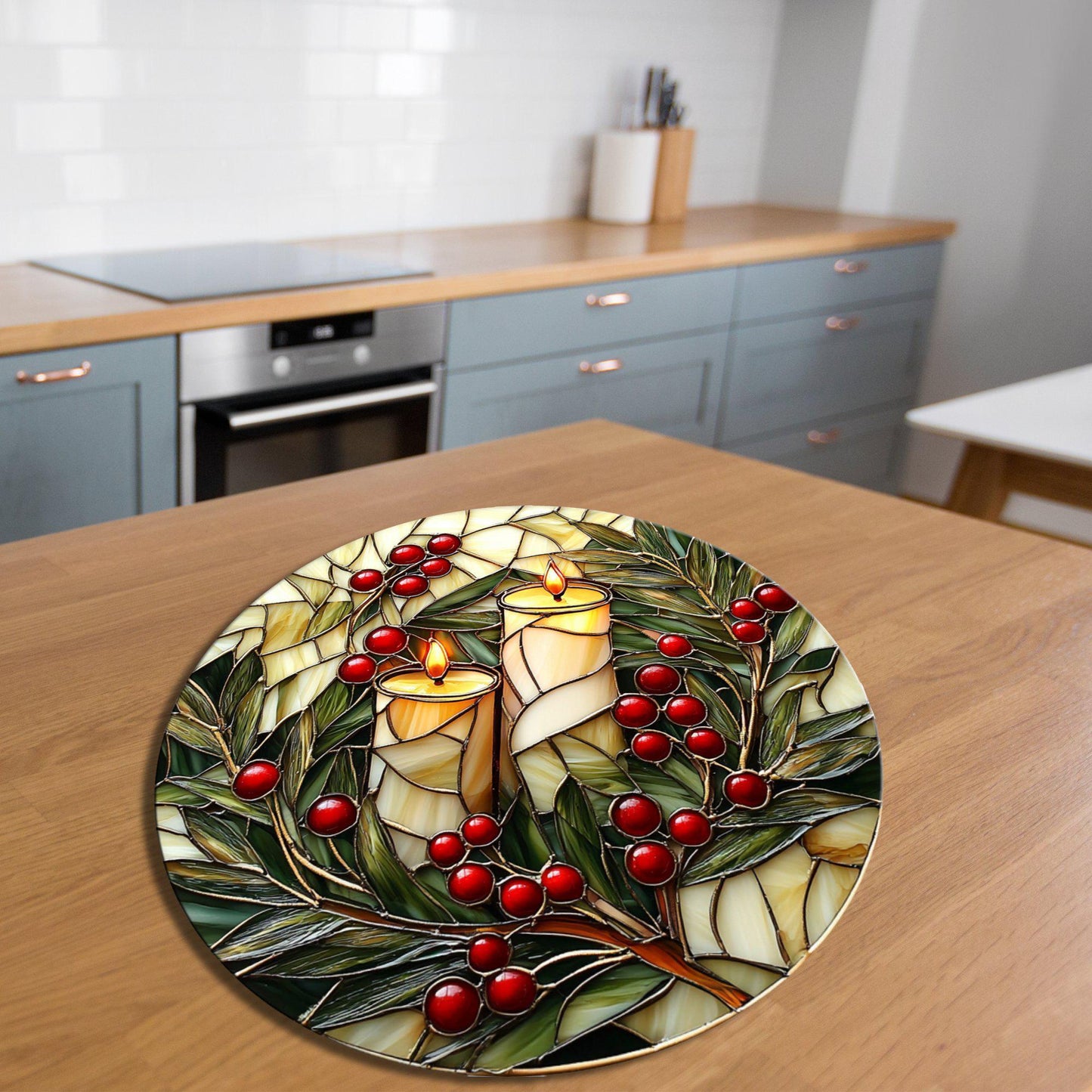 White Christmas Candles Glass Cutting Board 8-inch Round Trivet Charcuterie Board Gift for Her Mom Kitchen Decor