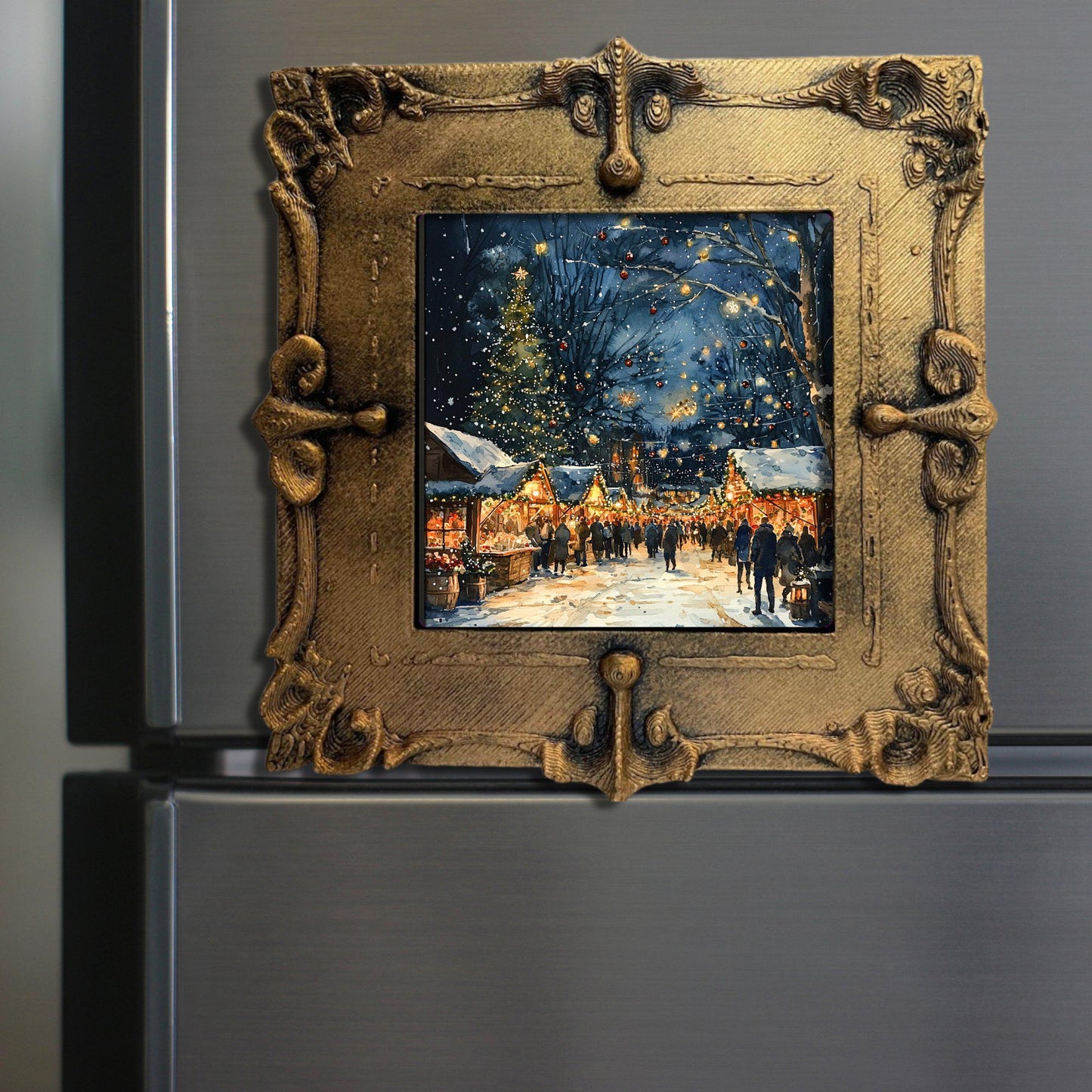 Christmas Market at Night Tiny Art Fridge Magnet Gold Framed Fridgescaping Art Picture Gallery Tiny Art Gift for Her Wife Mom