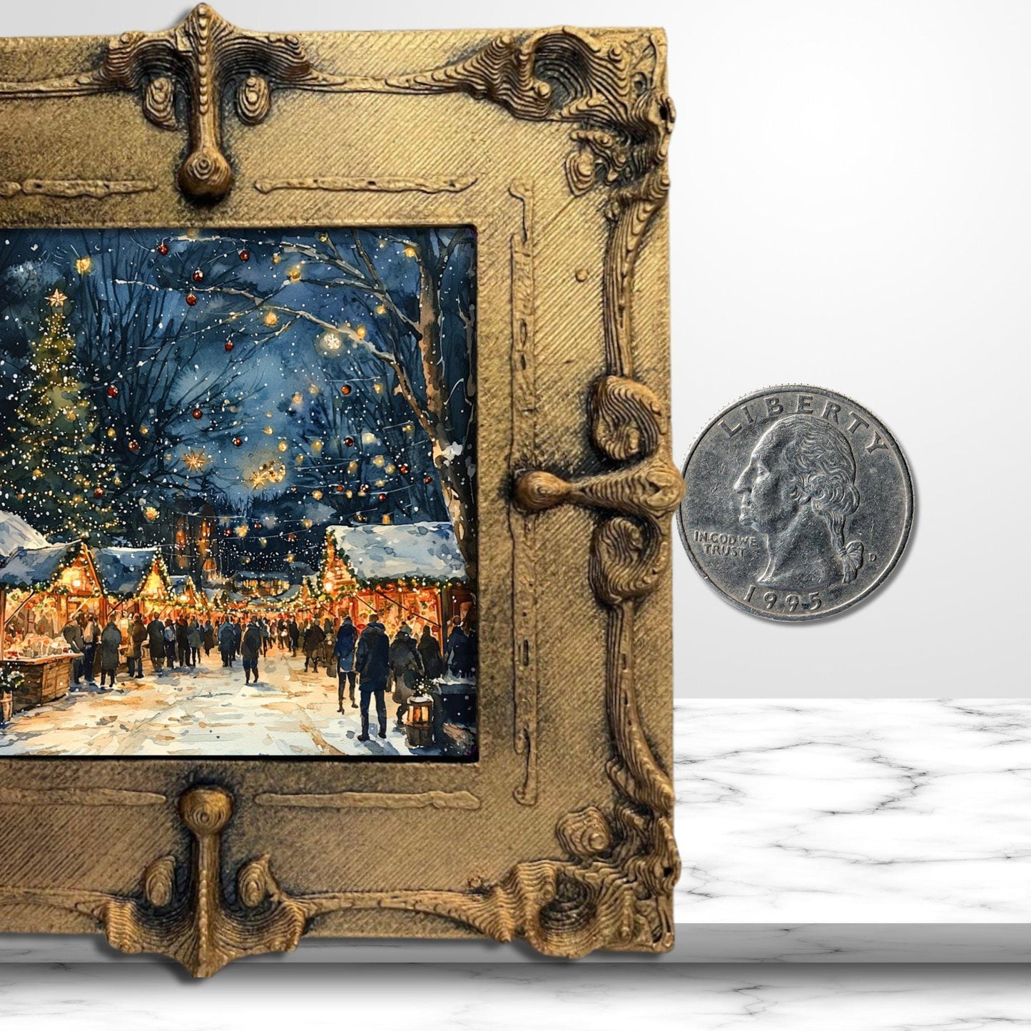 Christmas Market at Night Tiny Art Fridge Magnet Gold Framed Fridgescaping Art Picture Gallery Tiny Art Gift for Her Wife Mom