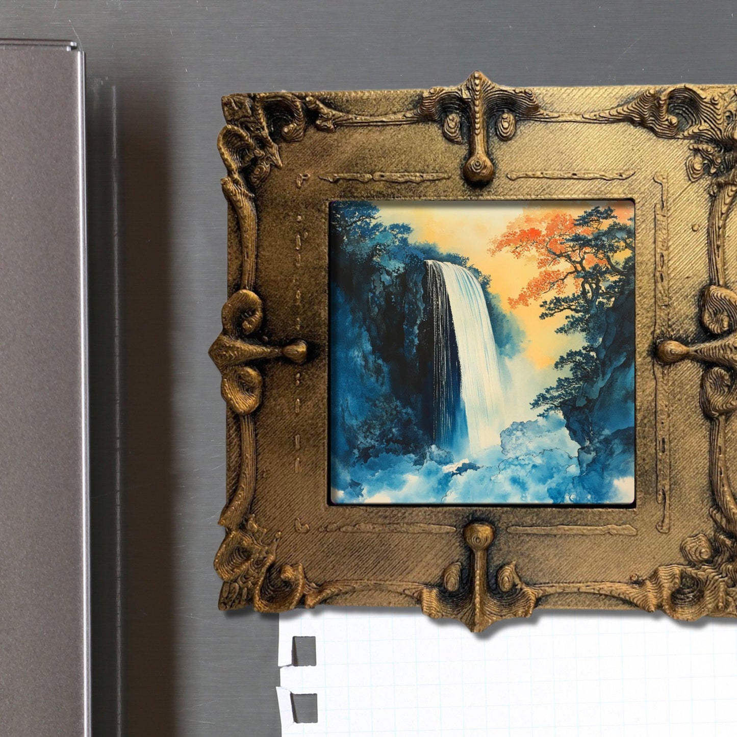 Hokisai Ukiyo Waterfall Gold Framed Refrigerator Magnet, Mini Art, Grand Millennial Style, Artful Kitchen Decor, Gift for Her fridgescaping
