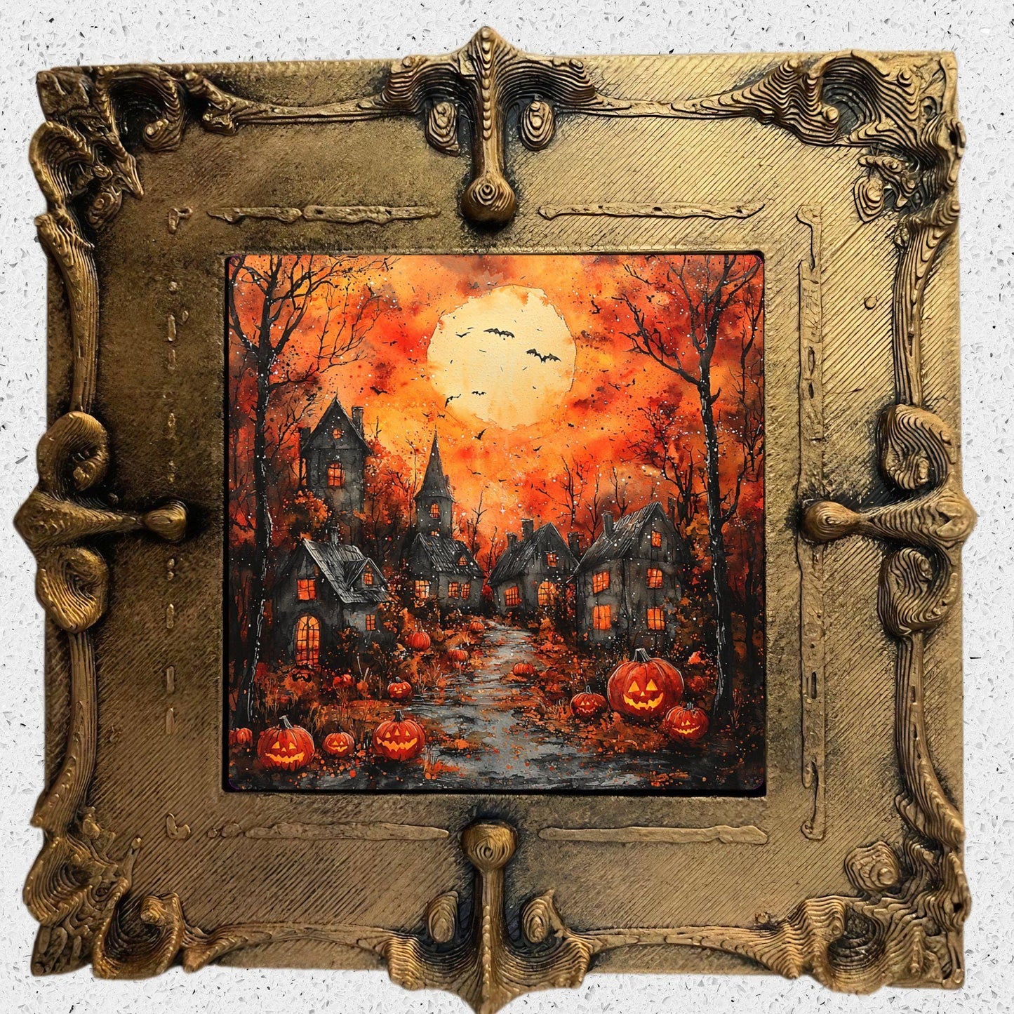 Halloween Village Gold Framed Refrigerator Magnet, Mini Art, Grand Millennial Style, Artful Kitchen Decor, Gift for Her fridgescaping