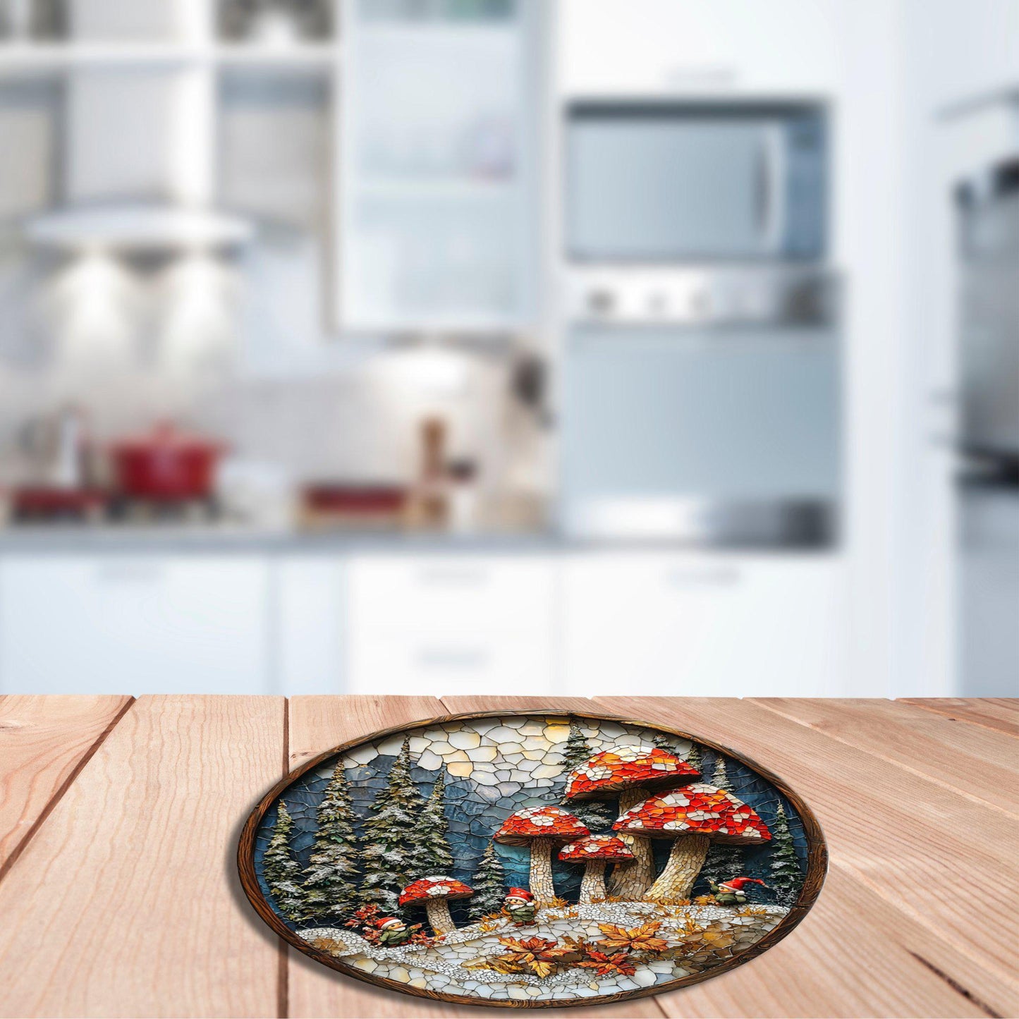 Winter Mushroom Patch Glass Cutting Board 8-inch Round Trivet Charcuterie Board Gift for Her Mom Kitchen Decor