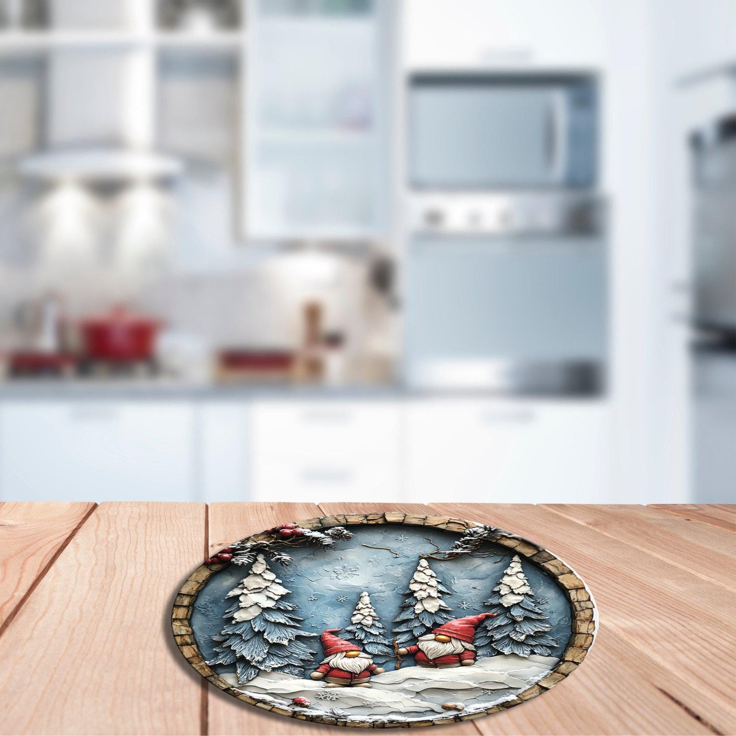 Christmas Gnomes Glass Cutting Board 8-inch Round Trivet Charcuterie Board Gift for Her Mom Kitchen Decor