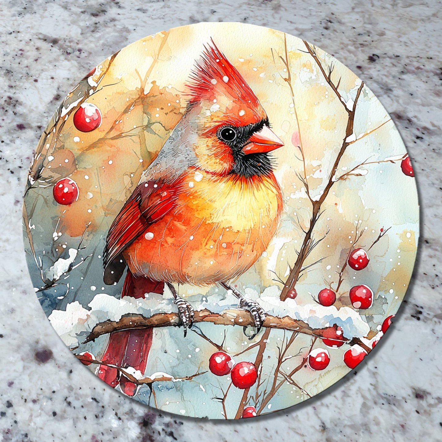 Cardinal on Winter Branch Glass Cutting Board 8-inch Round Trivet Charcuterie Board Gift for Her Mom Kitchen Decor