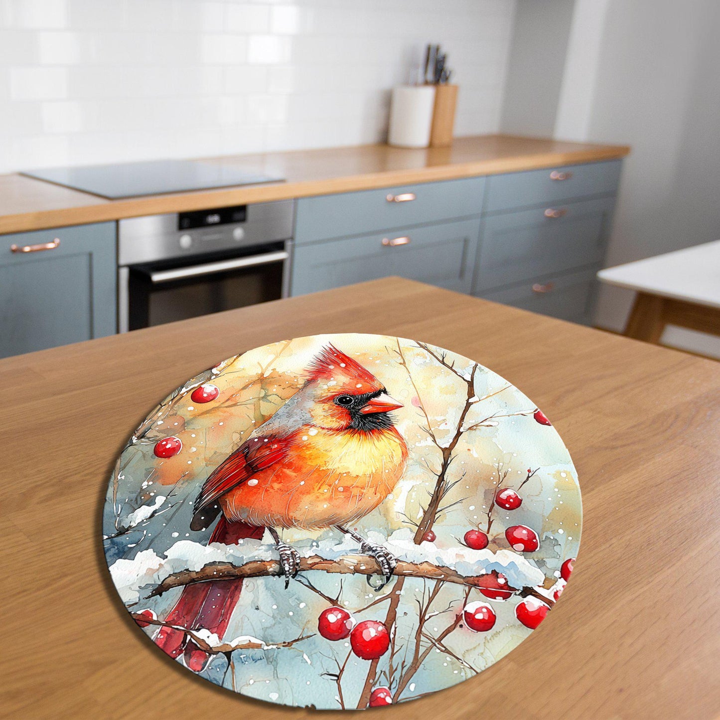 Cardinal on Winter Branch Glass Cutting Board 8-inch Round Trivet Charcuterie Board Gift for Her Mom Kitchen Decor