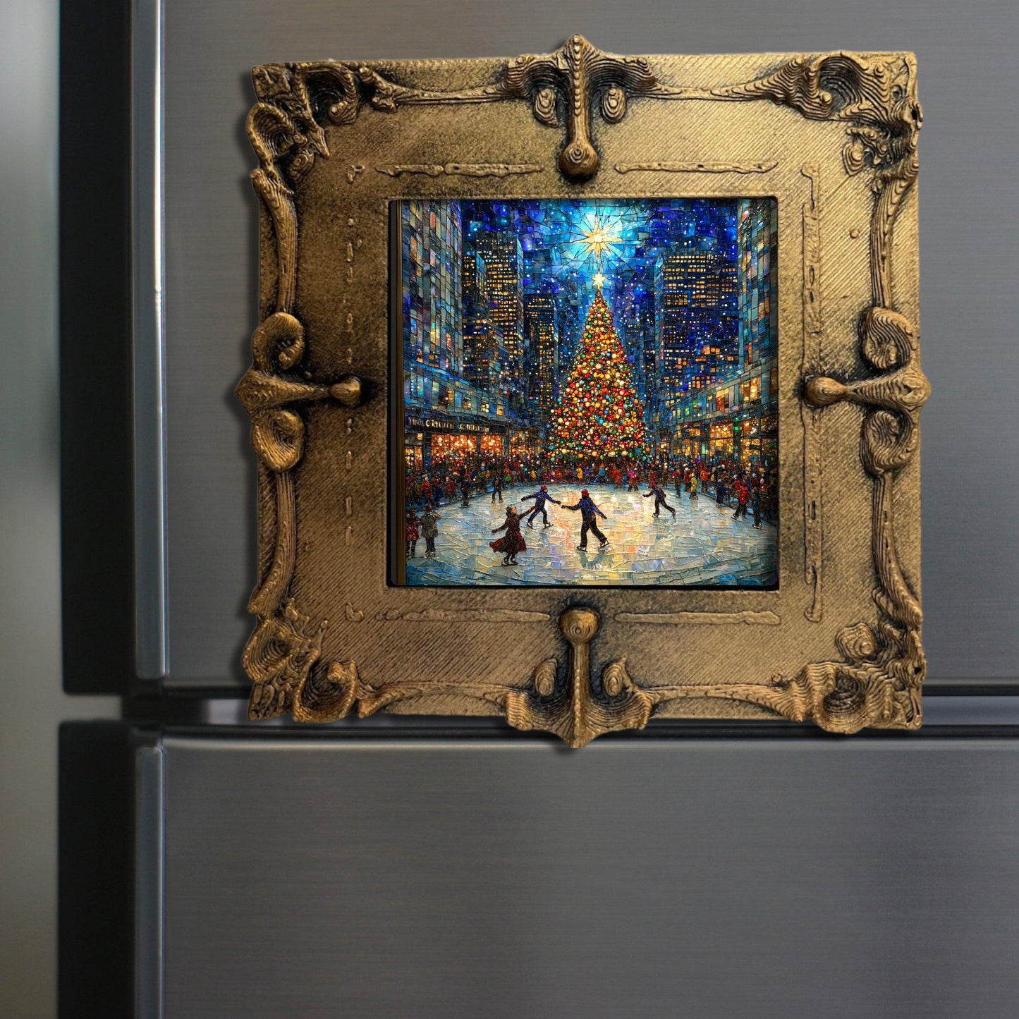 Ice Skating Rockefeller Center Tiny Art Fridge Magnet Gold Framed Fridgescaping Art Picture Gallery Tiny Gift for Her Wife Mom