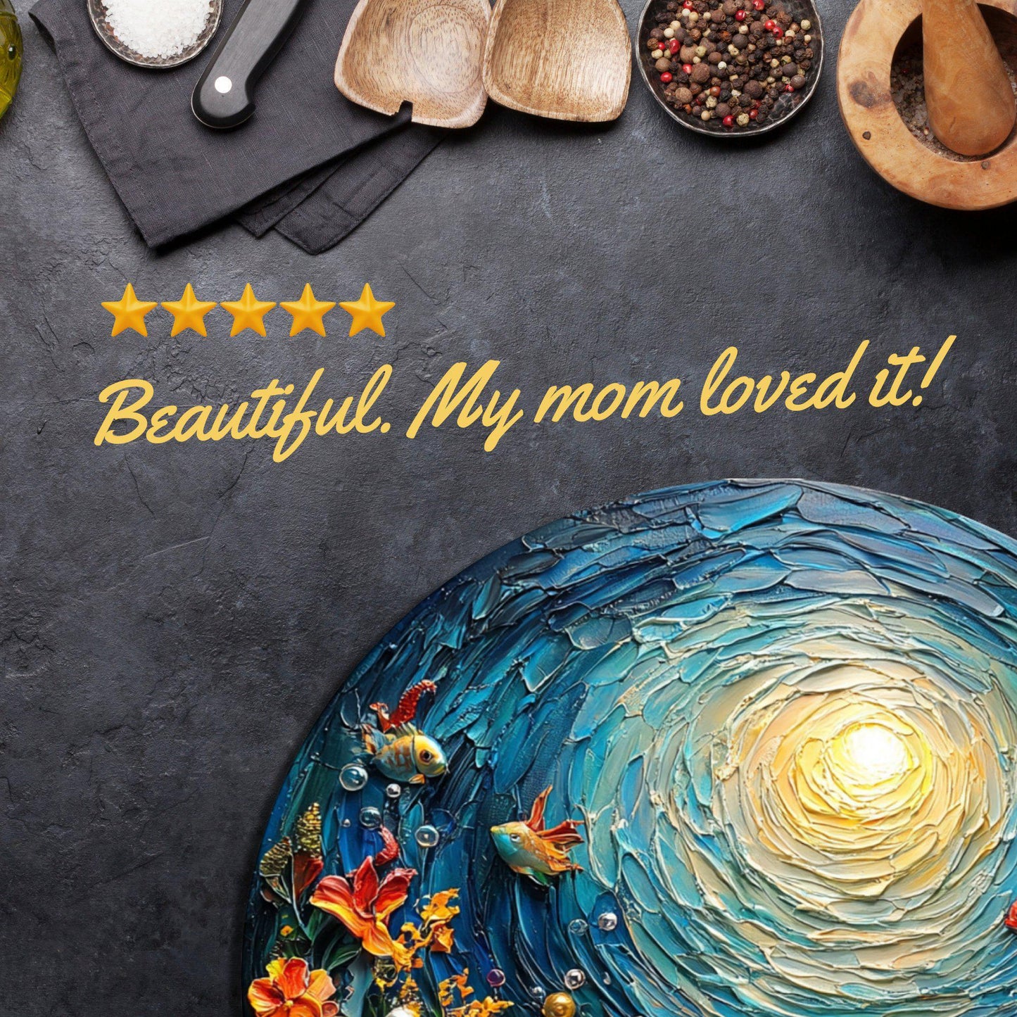 Glass Cutting Board Sunny Under the Sea Day 8-inch Round Trivet Charcuterie Board Gift for Her Mom Kitchen Decor