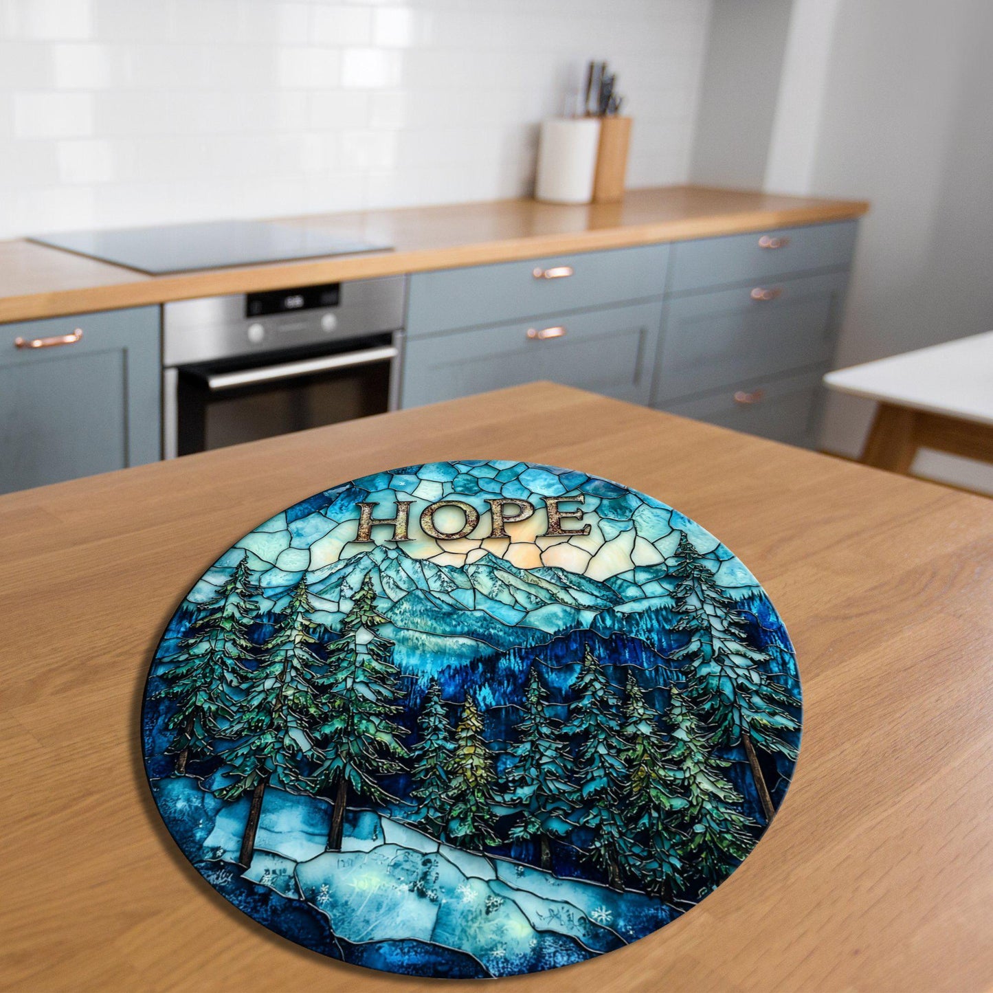 Hope in the Foothills Glass Cutting Board 8-inch Round Trivet Charcuterie Board Gift for Her Mom Kitchen Decor