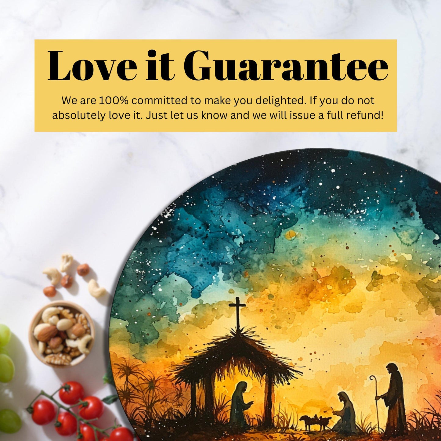 Vibrant Nativity Scene Glass Cutting Board 8-inch Round Trivet Charcuterie Board Gift for Her Mom Kitchen Decor