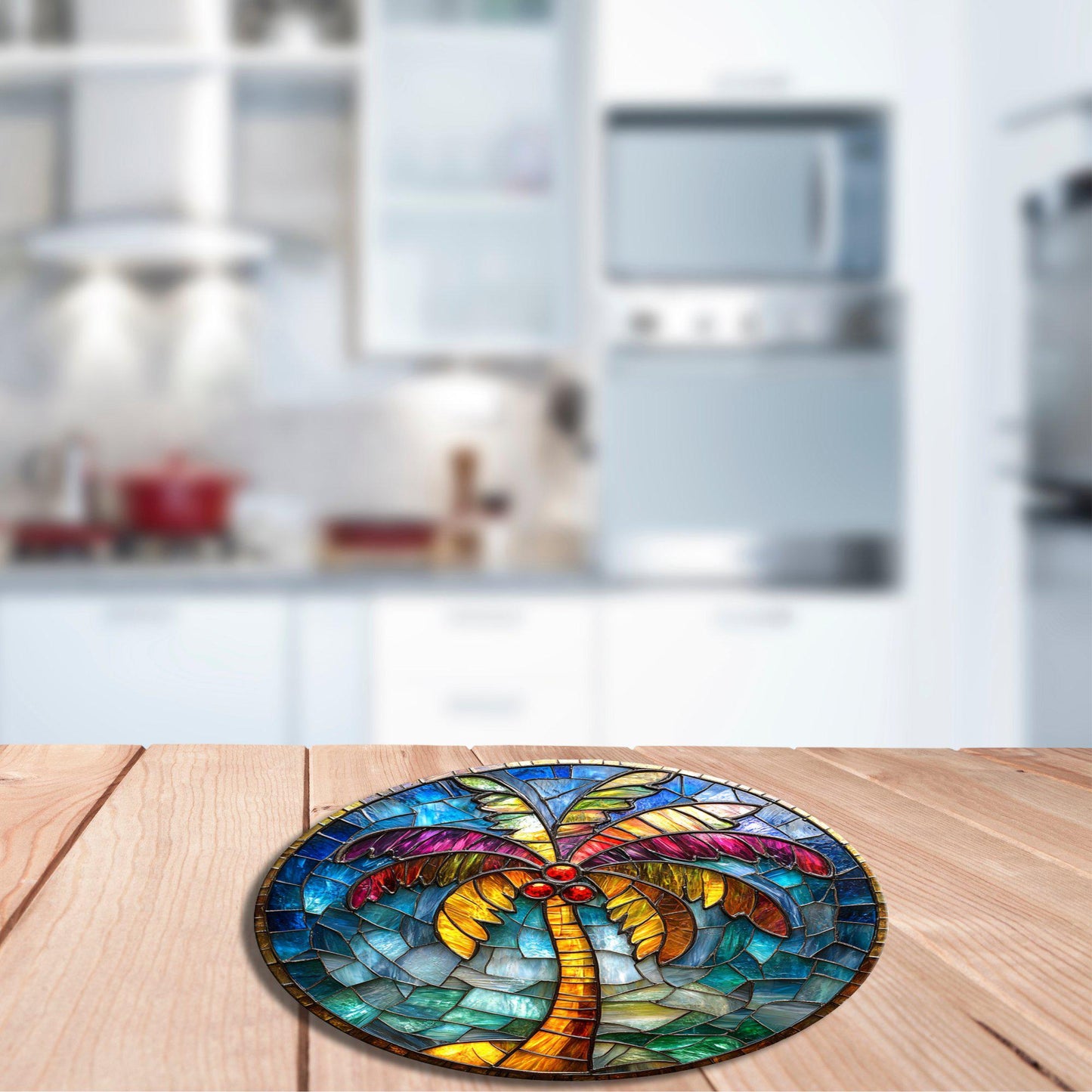 Tropical Palm Tree Christmas Glass Cutting Board 8-inch Round Trivet Charcuterie Board Gift for Her Mom Kitchen Decor