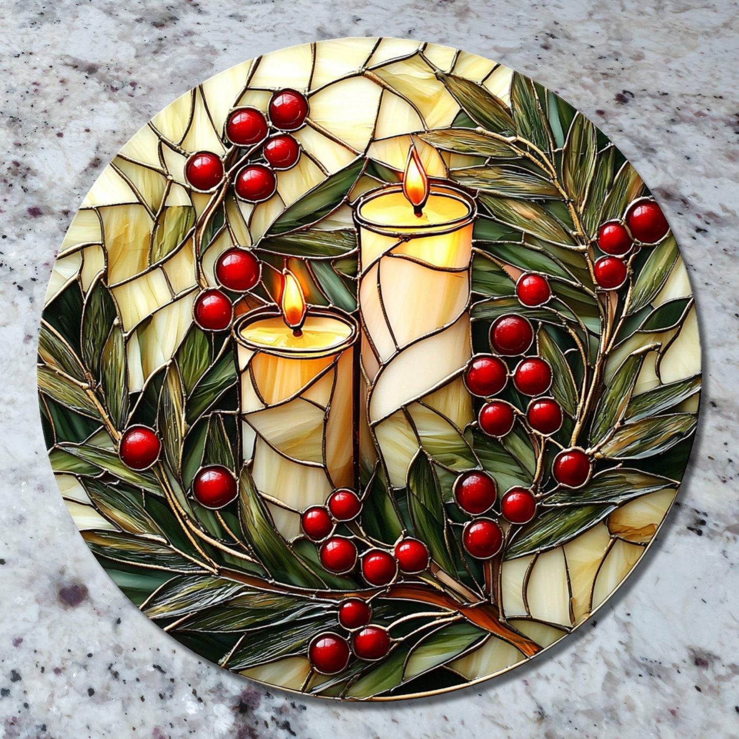 White Christmas Candles Glass Cutting Board 8-inch Round Trivet Charcuterie Board Gift for Her Mom Kitchen Decor