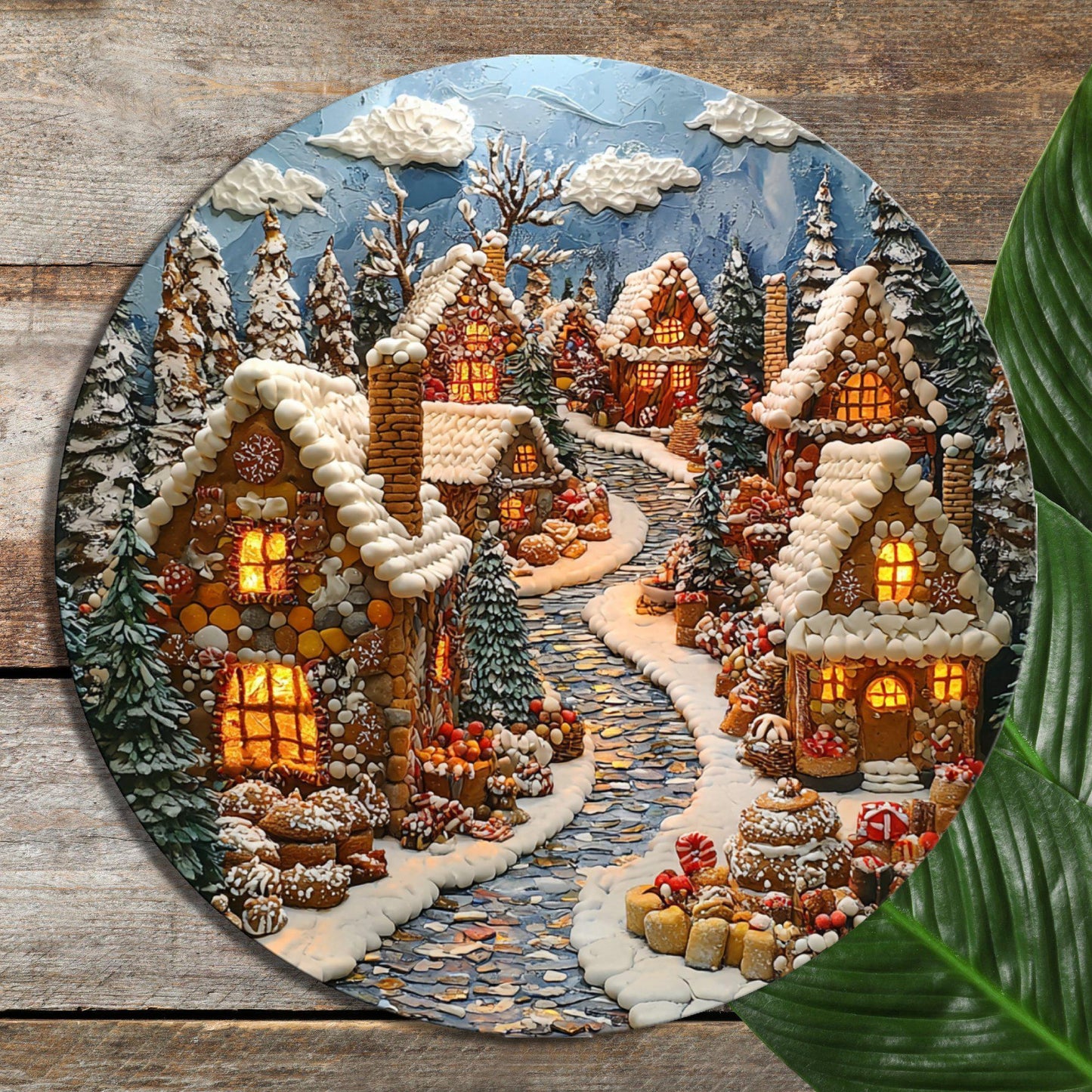 Gingerbread Village Glass Cutting Board 8-inch Round Trivet Charcuterie Board Gift for Her Mom Kitchen Decor