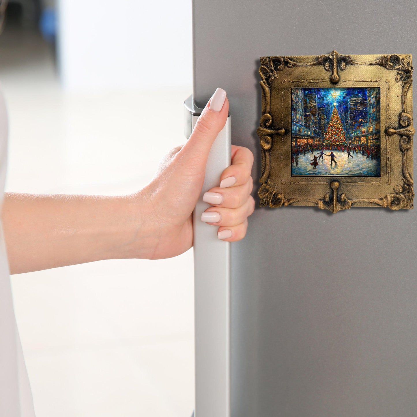 Ice Skating Rockefeller Center Tiny Art Fridge Magnet Gold Framed Fridgescaping Art Picture Gallery Tiny Gift for Her Wife Mom