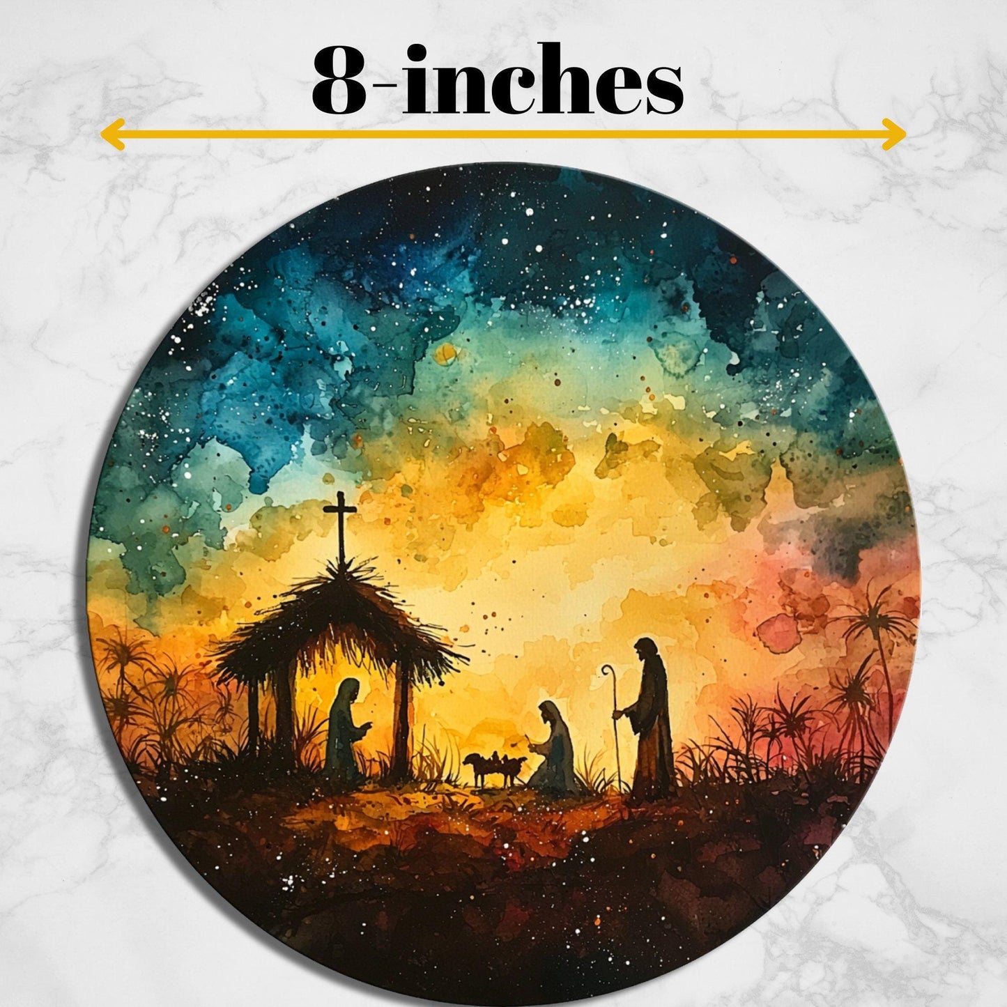 Vibrant Nativity Scene Glass Cutting Board 8-inch Round Trivet Charcuterie Board Gift for Her Mom Kitchen Decor
