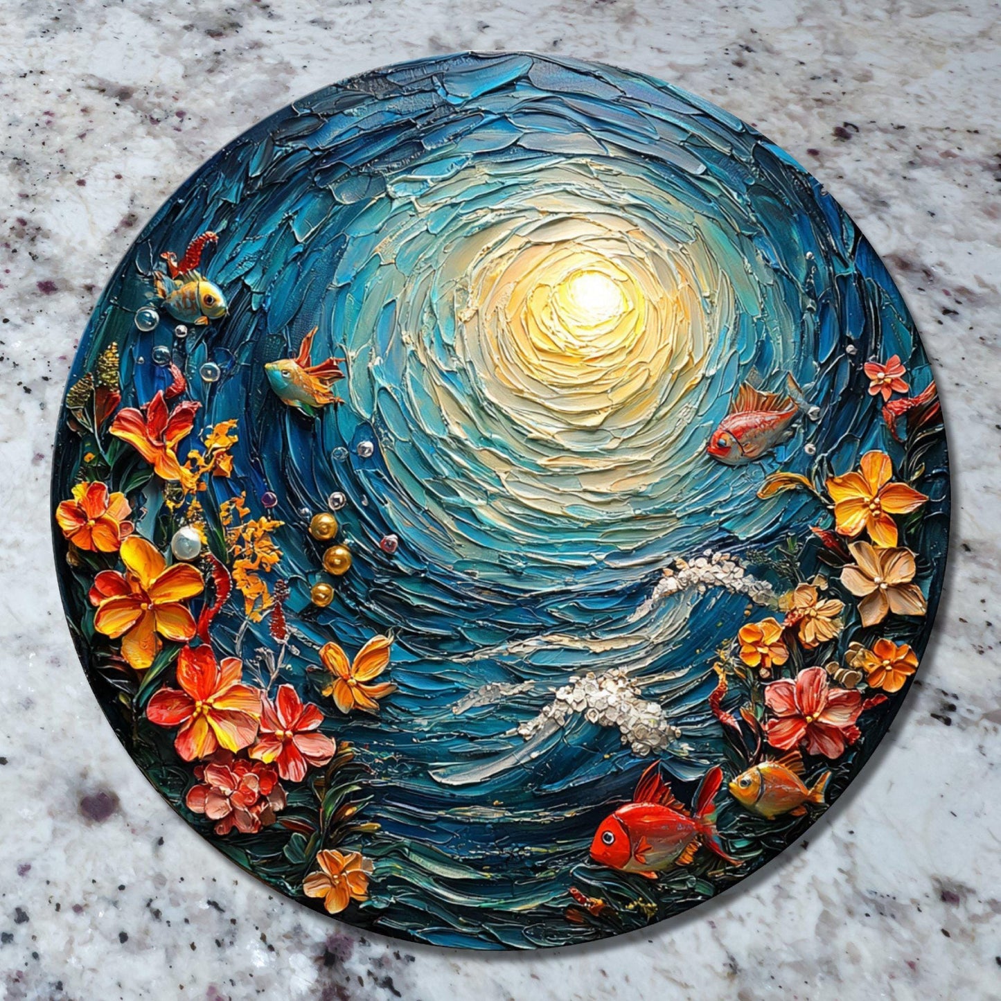 Glass Cutting Board Sunny Under the Sea Day 8-inch Round Trivet Charcuterie Board Gift for Her Mom Kitchen Decor