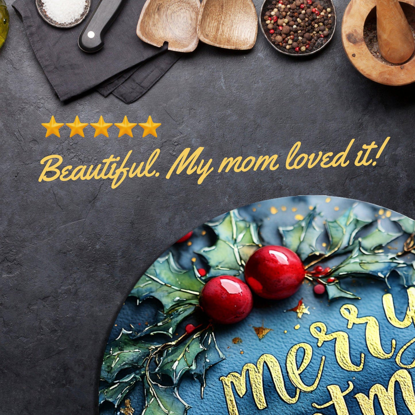 Merry Christmas Holly Glass Cutting Board 8-inch Round Trivet Charcuterie Board Gift for Her Mom Kitchen Decor