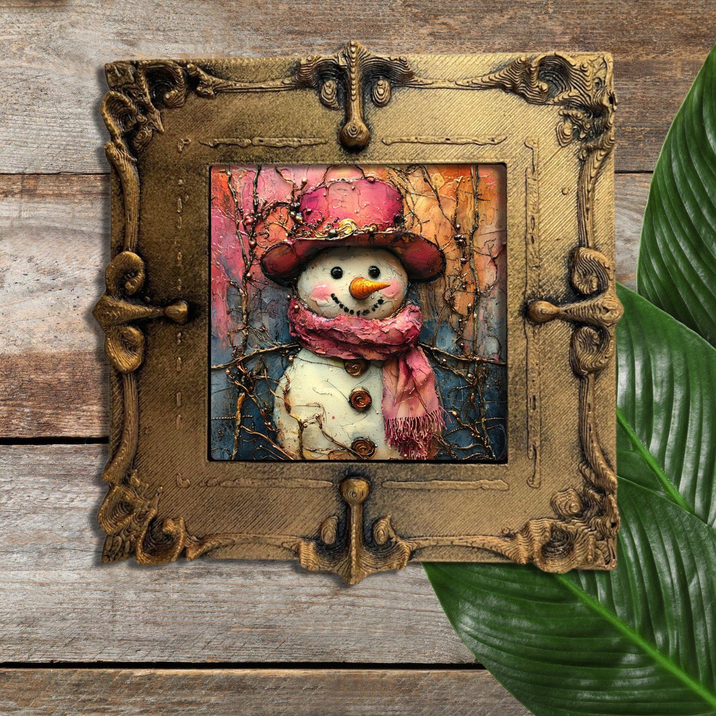 Pink Snowman Gold Framed Refrigerator Magnet, Mini Art, Grand Millennial Style, Artful Kitchen Decor, Gift for Her fridgescaping